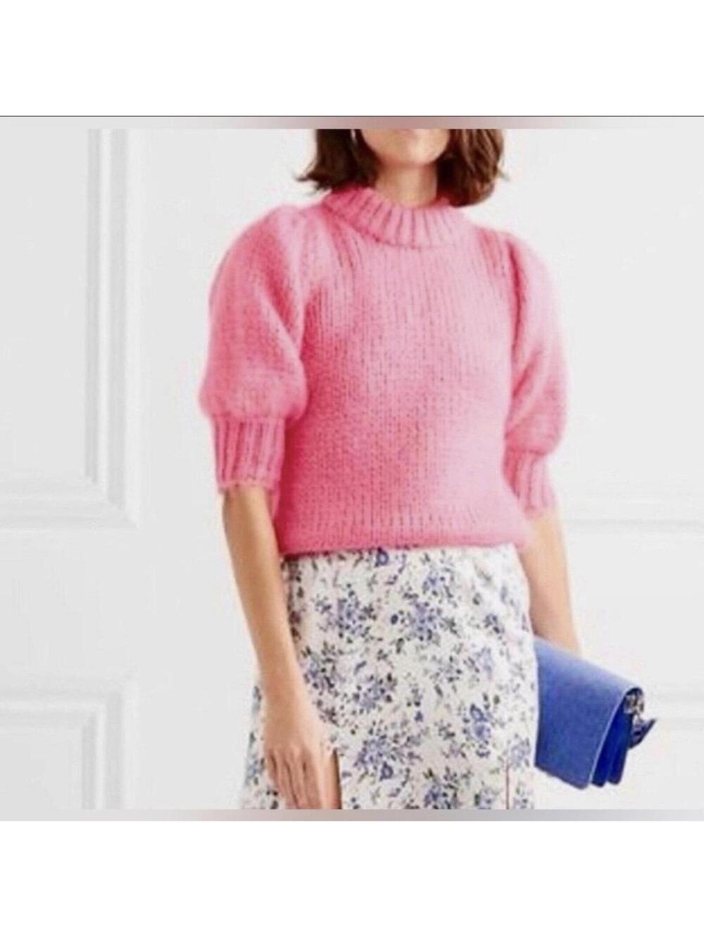 GANNI Julliar Mohair Puff Sleeves Sweater top Size XS in pink color